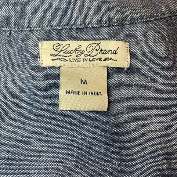 Lucky Brand Chambray Blue Jean Tuxedo Mandarin Collar Button Down Shirt Size Med - Picture 9 of 12